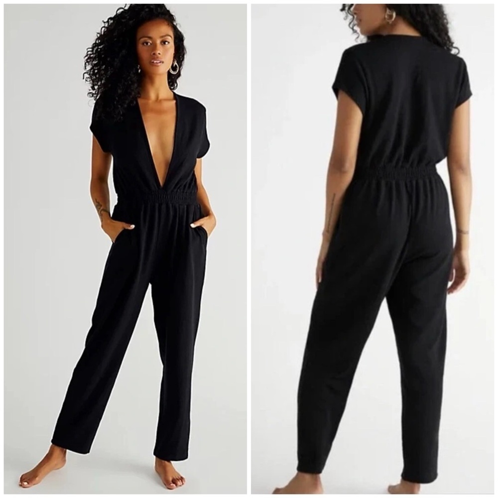 Free People Beach Rita One Piece Jumpsuit Black Pockets Short Sleeve Sz M